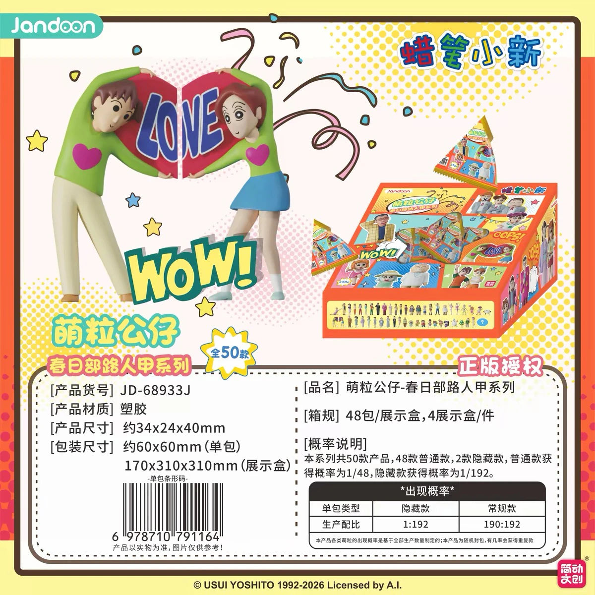 クレヨンしんちゃん 春日部の人々 ミニフィギュア 萌粒シリーズ ブラインドパック|LOVEのハートを持つフィギュアと48パック入りBOX・商品寸法・封入確率