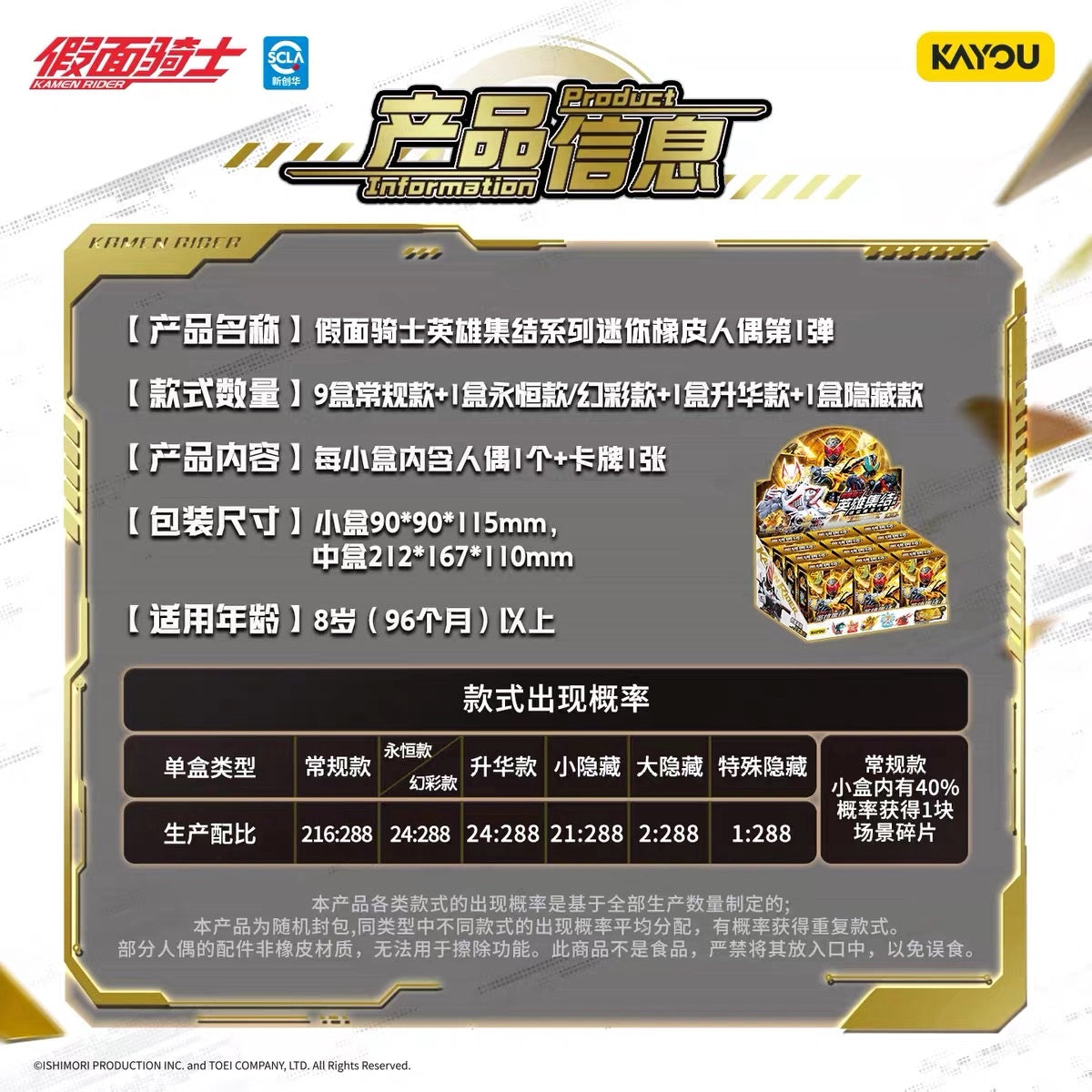 仮面ライダー 英雄集結シリーズ 第1弾 創世王座の商品情報。BOX構成、パッケージサイズ、各仕様の封入確率を掲載
