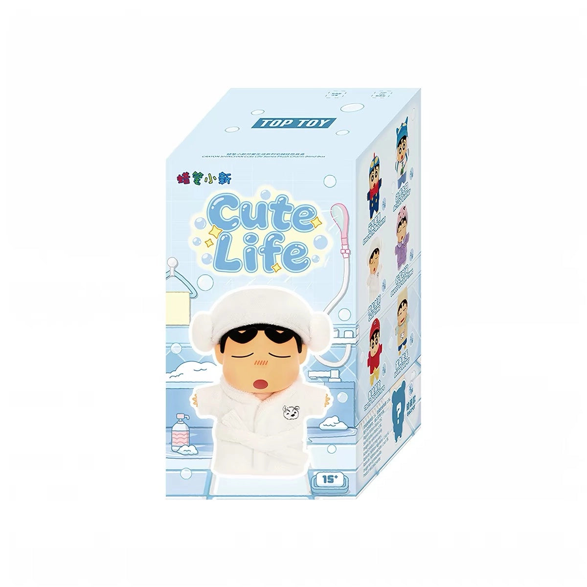 TOP TOY クレヨンしんちゃん Cute Lifeシリーズ ブラインドボックスの単品パッケージ画像。水色のバスルームを背景に、バスローブ姿のしんちゃんがデザインされたパッケージ表面。