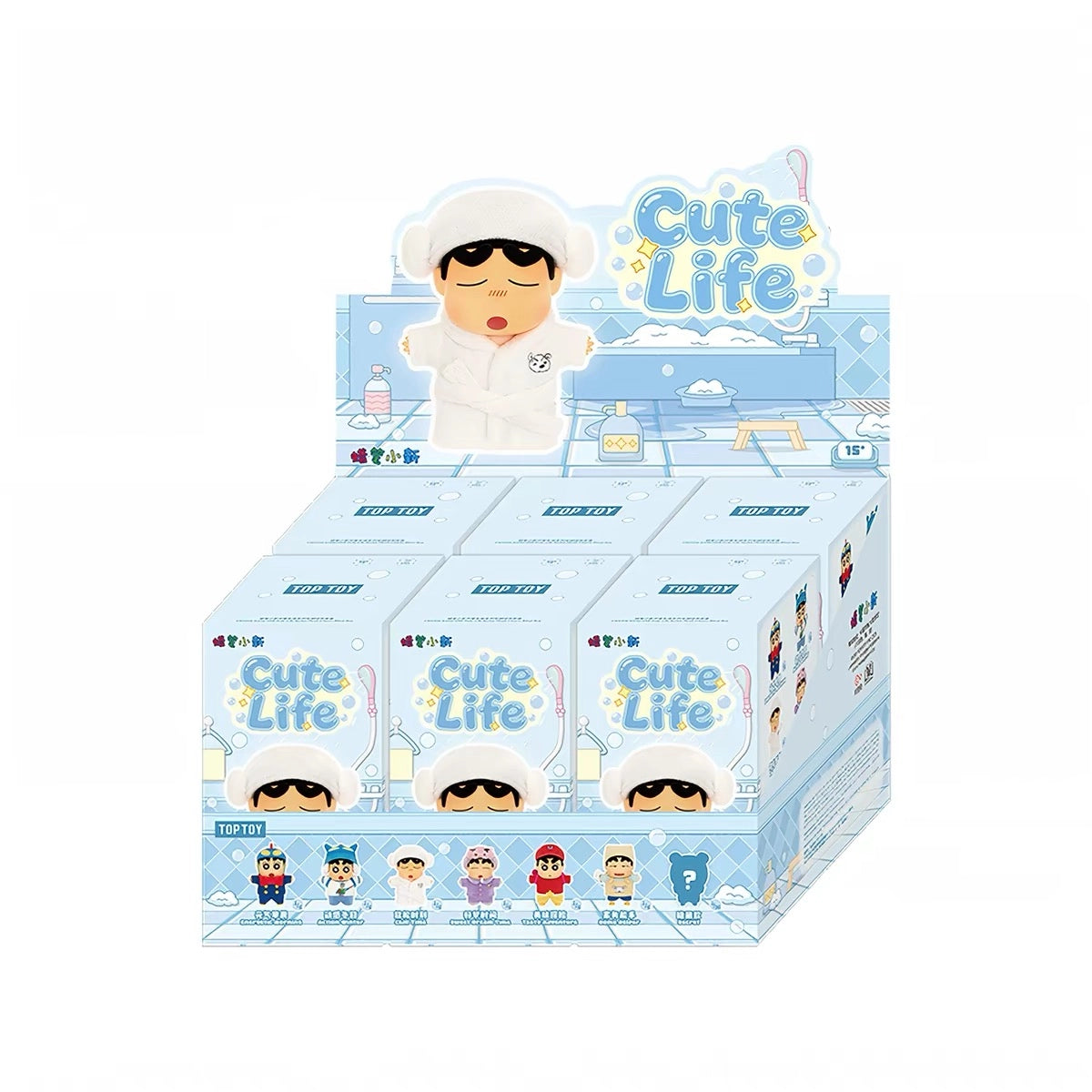 TOP TOY クレヨンしんちゃん Cute Lifeシリーズ 6個入りアソートボックス（1カートン）の全体画像。店舗ディスプレイ用に組み立てられた外箱にバスローブ姿のしんちゃんが立体的に配置されたデザイン。