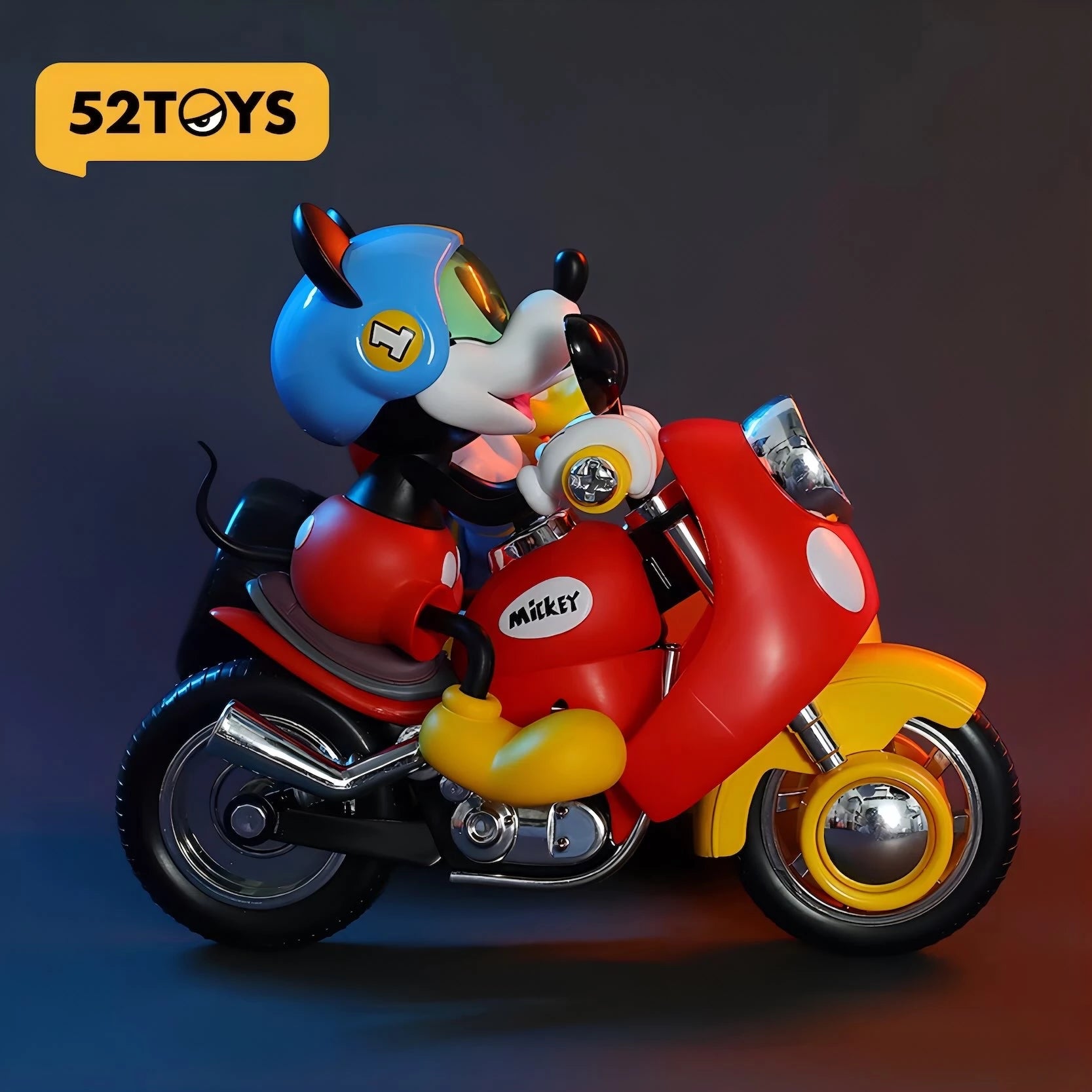 Disney ミッキー＆フレンズ フィギュア スピードスクワッド ドナルドダック90周年記念の側面図。赤いバイクと黄色のサイドカー、それぞれのキャラクターのディテールやロゴ（Mickey, Donald Duck）を確認できる。