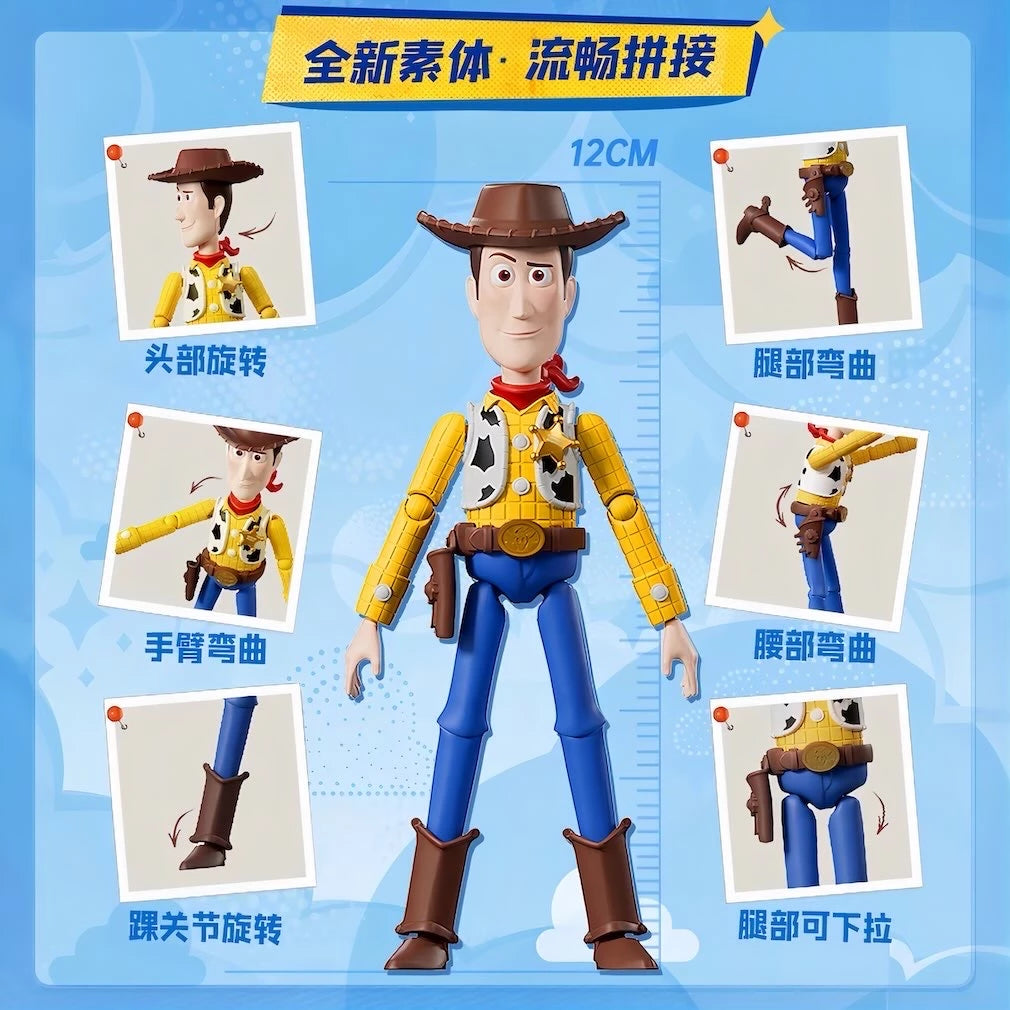 Disney Pixar Toy Story ブロックフィギュア 玩心大冒険 第1弾のウッディ可動紹介。頭部、腕、腰、脚、足首の可動ポイントと約12cmサイズを掲載。