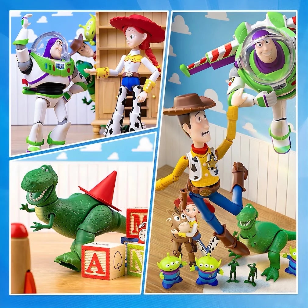 Disney Pixar Toy Story ブロックフィギュア 玩心大冒険 第1弾の展示イメージ。ウッディ、バズライトイヤー、ジェシー、レックス、エイリアンを組み合わせたディスプレイ例。