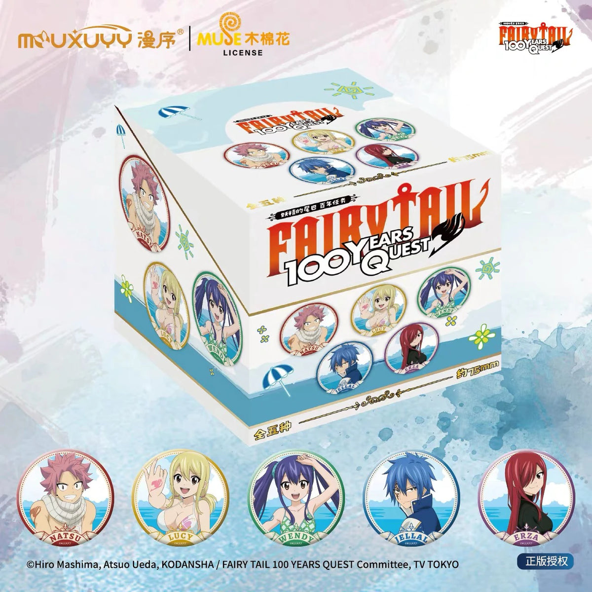 FAIRY TAIL 100年クエスト 缶バッジコレクション 夏のひと休みシリーズ 全5種類のデザインと商品パッケージ