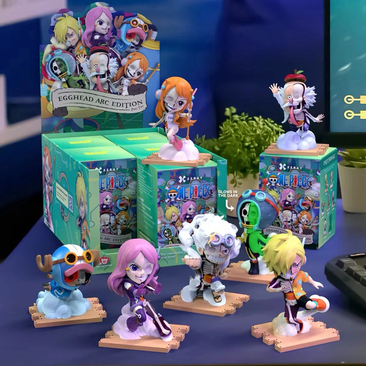 ONE PIECE Freeny's Hidden Dissectibles Egghead Arc Series Part 2 全7種フィギュアとブラインドボックスパッケージの集合展示イメージ