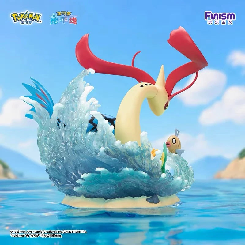 ポケットモンスター ミロカロス＆ヒンバス フィギュア 背面から見た透明な波と海中シーンのジオラマ